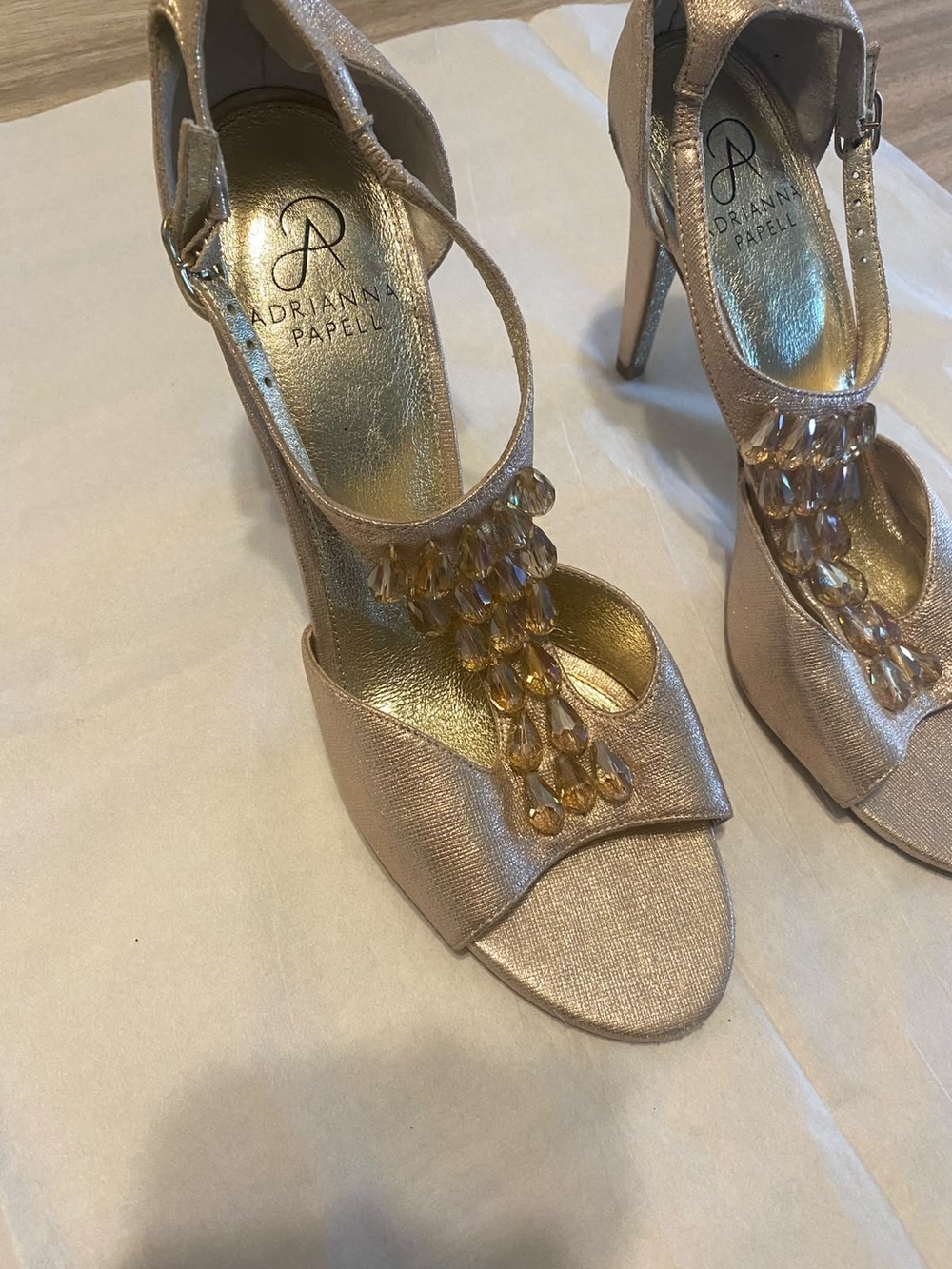 Adrianna Papell Rose Gold Beaded T-Strap High Heel Sandals